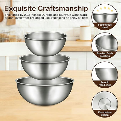 Gronivex Stainless Steel Mixing Bowls Set of 3 (1.5, 2.2, 3.4 Qt) - Food Grade 304, Nesting Design, Dishwasher Safe for Baking, Salad Prep & Cooking - Image 2