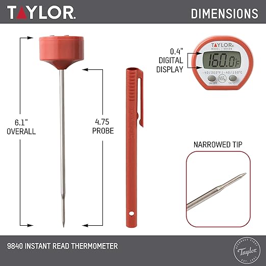 Taylor Instant Read Digital Meat Food Grill BBQ Cooking Kitchen Thermometer, Comes with Pocket Sleeve Clip, Red - Image 3
