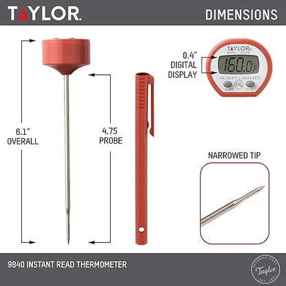 Taylor Instant Read Digital Meat Food Grill BBQ Cooking Kitchen Thermometer, Comes with Pocket Sleeve Clip, Red - Image 3