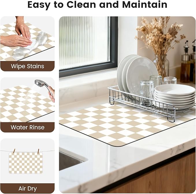 12" x 20" Checkered Dish Drying Mat for Kitchen Counter, Absorbent Coffee Bar Mat for Espresso Machine Coffee Countertops Accessories, Beige - Image 7