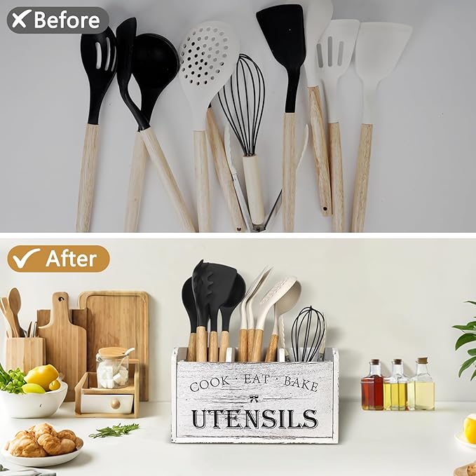 Farmhouse Kitchen Utensil Holder with 3 Compartments, Wooden Utensil Organizer for Countertop, Utensil Holder Rustic Cooking Utensil for Farmhouse Kitchen Decor - Image 3