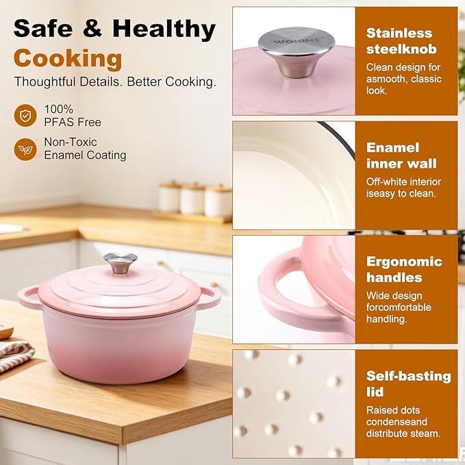 Enameled Cast Iron Dutch Oven - 4QT Pot with Lid,Oven Safe to 500°F,Heavy-Duty Cookware for Sourdough Bread Baking,Braising,Stews,Roasting Pink - Image 6