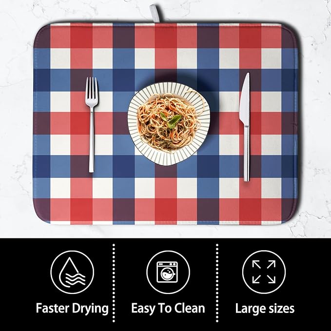 4th of July Dish Drying Mat Patriotic Buffalo Plaid Drying Mats for Kitchen Counter Absorbent Microfiber Dish Drainer Pad Independence Memorial Day Dish Draining Mat 18x24 Inch - Image 4