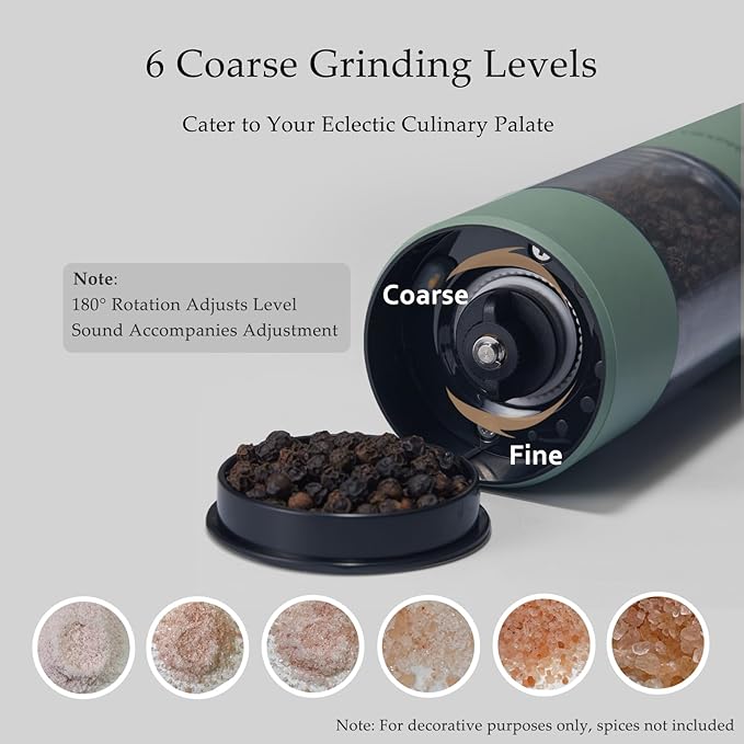 TLYSXPRO Electric Salt and Pepper Grinder Set, USB Rechargeable, Automatic Salt and Pepper Mill Grinder with Adjustable Coarseness, Electric Salt Shakers, LED Light, Refillable (2 Packs, Sage) - Image 5
