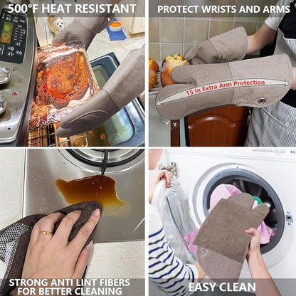 Professional Microwave Silicone Oven Mitts one Pair, Kitchen Mitten Set for Heat Resistant with 500 Degrees, Kitchen Gloves Pot Holder for BBQ Cooking Baking (Khaki)