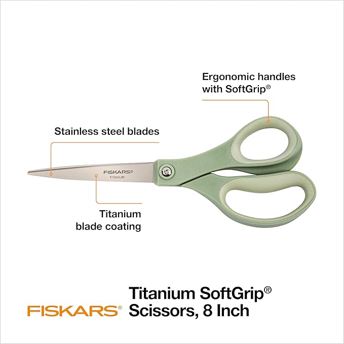Fiskars 8” Comfort Grip Titanium Multipurpose Scissors with Ergonomic Handles for Everyday Cutting Tasks, Sharp Scissors for Home, Office, Crafts, Multicolor 3-Pack - Image 2