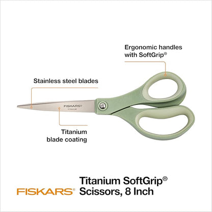 Fiskars 8” Comfort Grip Titanium Multipurpose Scissors with Ergonomic Handles for Everyday Cutting Tasks, Sharp Scissors for Home, Office, Crafts, Multicolor 3-Pack - Image 2