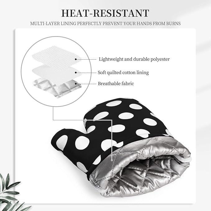Black White Retro Polka Dot Oven Mitts and Pot Holders Sets of 4, Heat Resistant Silicone Oven Mittens and Potholders Gloves Hot Pads for Kitchen Cooking Baking Grilling BBQ Chef - Image 3