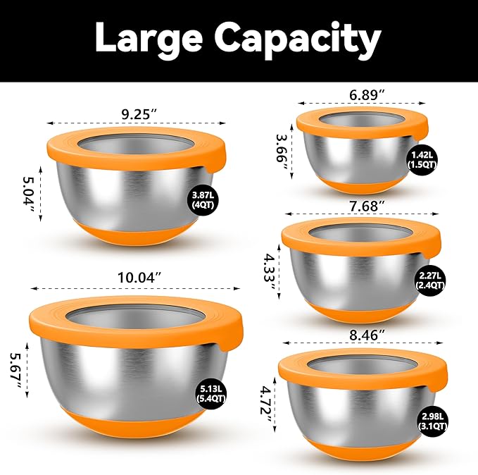 KITEISCAT Stainless Steel Mixing Bowls with Lids – Set of 5 Large Nesting Metal Bowls for Kitchen, Baking, Cooking, Food Prep & Storage, Non-Slip Base, Dishwasher Safe,Orange - Image 2
