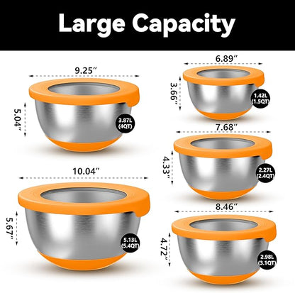 KITEISCAT Stainless Steel Mixing Bowls with Lids – Set of 5 Large Nesting Metal Bowls for Kitchen, Baking, Cooking, Food Prep & Storage, Non-Slip Base, Dishwasher Safe,Orange - Image 2