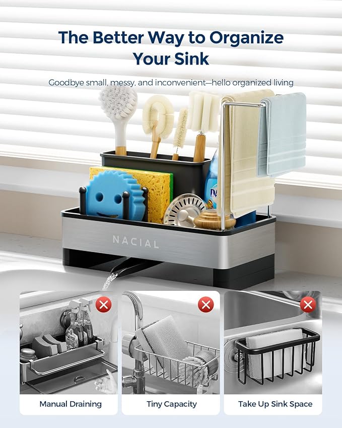 Nacial Kitchen Sink Caddy Organzier with High Brush Holder, Sponge Holder for Kitchen Sink with Two Towel Racks - Rustproof 304 Stainless Steel Kitchen Countertop Storage Essentials - Image 6