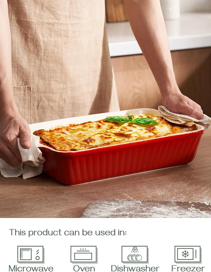 DOWAN 9x13-inch Deep Casserole Baking Dish for Lasagna, 135 oz Ceramic Pan with Handles, Oven Safe for Baking and Home Decor, Red - Image 4