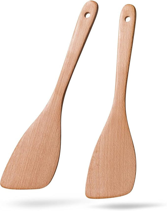 2PCS Wooden Spatulas for Cooking,12.8inch Coated Beech Wood Turners for Frying,Non-Scratch Wood Bevel Spurtle for Pan & Wok,Wooden Cooking Utensils for Non Stick Cookware,Long Handle Scraper by HEFILD