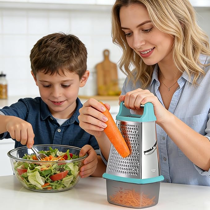 Ourokhome Cheese Grater with Handle, Stainless Steel Box Grater, 4 Side Kitchen Vegetable Shredder Slicer Zester with Container for Parmesan, Cabbage, Ginger, Lemon, Chocolate, Coconut (Teal) - Image 2