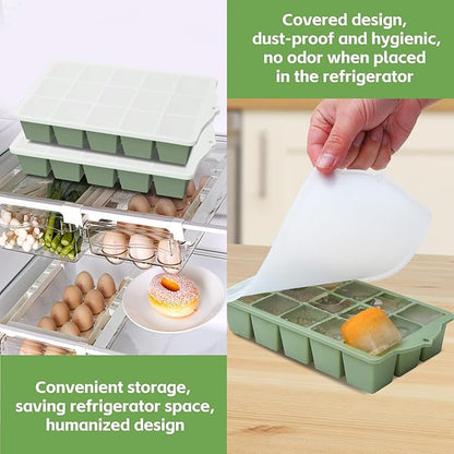 FANYITY Silicone Ice Cube Tray with Lid, Green, Pack of 2 Ice Cube Moulds, Silicone Mould, BPA-Free, Stackable Ice Cube Tray, Ice Cube Trays for Baby Porridge, Cocktail, Whiskey, Coffee