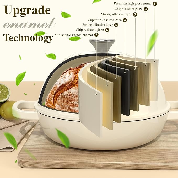 Enameled Round Cast Iron Bread Oven, 6 Qt Cast Iron Dutch Oven for Homemade Sourdough Bread Baking, Bread Pot with Dome Lid & Cotton Potholders (Cream White) - Image 6