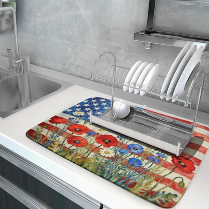 Patriotic American Flag Dish Drying Mat for Kitchen Counter 18x24 4th of July Red Blue White Floral Rustic Absorbent Reversible Microfiber Drying Mats Kitchen Countertop Protector Dishes Drainer Pad - Image 5