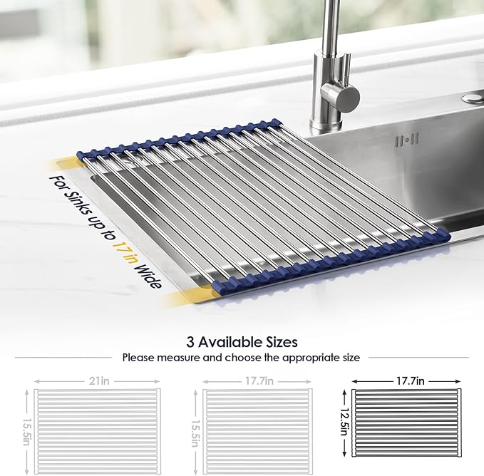 Tomorotec 17.7" x 12.5" Roll Up Dish Drying Rack Over Sink Drying Rack Sink Cover Kitchen Sink Accessories Gadget Multipurpose Organizer Foldable Stainless Steel Drainer - Image 4