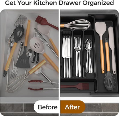 ukeetap Extra Large Expandable Silverware Organizer, BPA-Free Food-Safe Cutlery Flatware Organizer, Kitchen Utensil Drawer Organizer, Adjustable Silverware Holder for Spoons Forks Knives, Black - Image 6