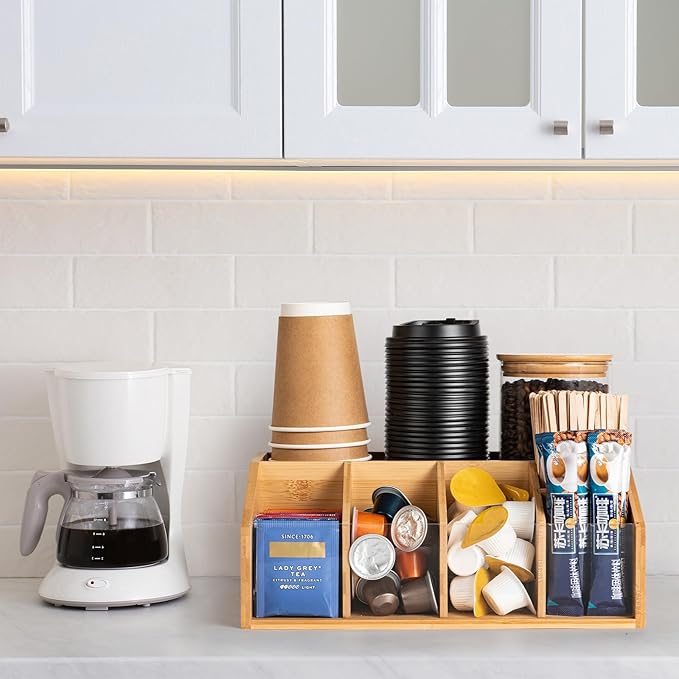 Bamboo Coffee Station Organizer for Countertop, Coffee Bar Accessories Organizer with 6 Compartments for Tea Bags Condiment, Pods, Creamer, Stirrer, Syrup, Cups - Image 3