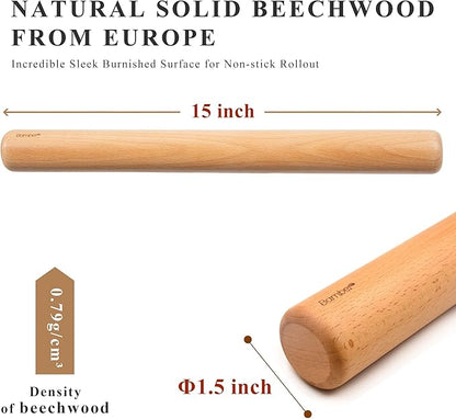 Bamber Wood Rolling Pin for Baking Wooden Rolling Dowel Stick Dough Roller for Cookie Dumpling Pastry Pizza Tortilla, 15'' by 1.5''
