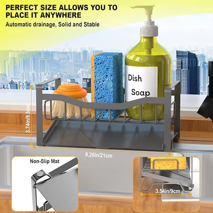 Maifan Stainless Steel Kitchen Sink Caddy Organizer with Auto Drain Tray, Sponge Holder for Countertop Storage Dark Gray - Image 5
