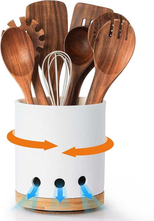 LoeJan 360° Rotating Ceramic Utensil Holder for Kitchen Countertop – Cooking Utensil Crock Organizer with Non-Slip Cork Base for Farmhouse Kitchen Decor, Textured White by LoeJan