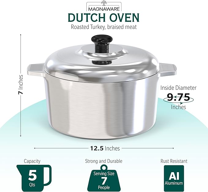 Magnaware Cast Aluminum Dutch Oven with Lid - 5 Quart Lightweight Cookware Pot with Silicone Covers for Easy Handling - Even Heat Distribution & Retention - For Bread Baking, Stew, Simmering & More