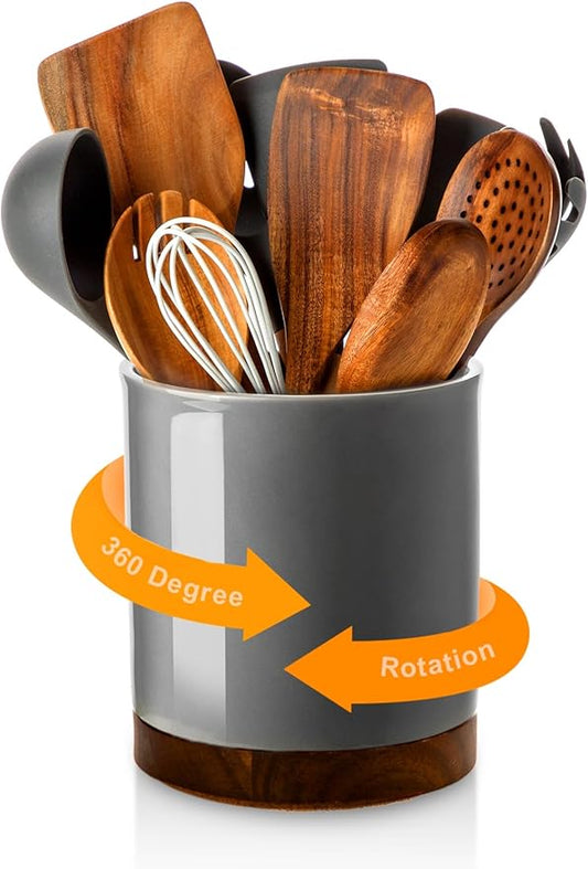 Nucookery 360°Rotating Utensil Holder, 7.2" Large Utensil Crock, White Ceramic Cooking Utensil Organizer,Farmhouse Kitchen Decor Christmas Thanksgiving Gift (Gray) by Nucookery
