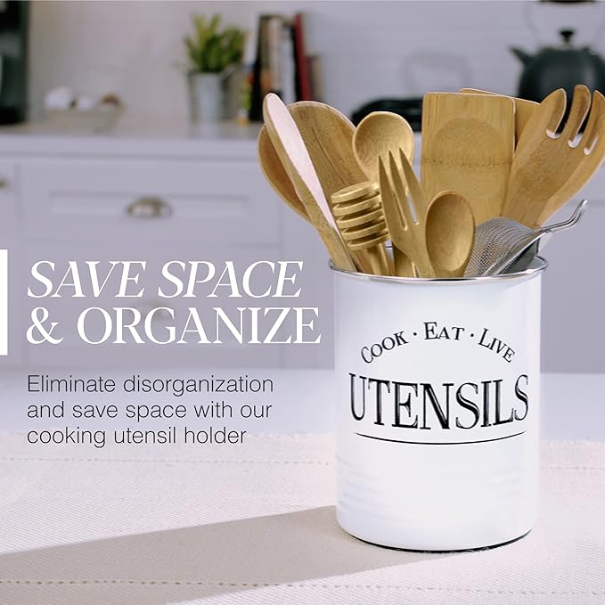 Walford Home Original Kitchen Utensil Holder Crock, White With Premium Padded Base - Vintage Farmhouse Home Kitchen Decor - Large Kitchen Tool Utensil Storage Caddy Organizer - Image 4