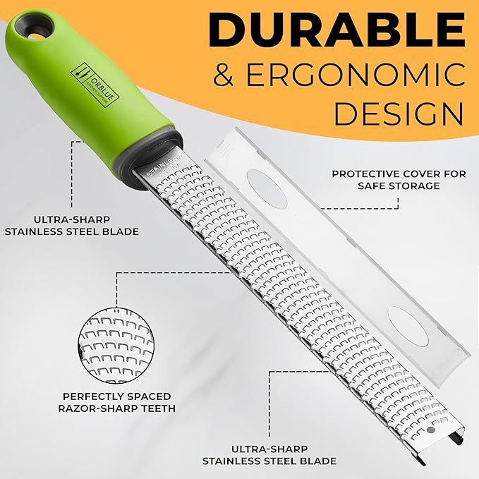 Orblue Lemon Zester & Cheese Grater - Premium Citrus Zester, Kitchen Grater for Parmesan, Chocolate, Fruits, Vegetables, Ginger, Garlic, Nutmeg - Stainless Steel Blades with Protective Cover, Green - Image 4