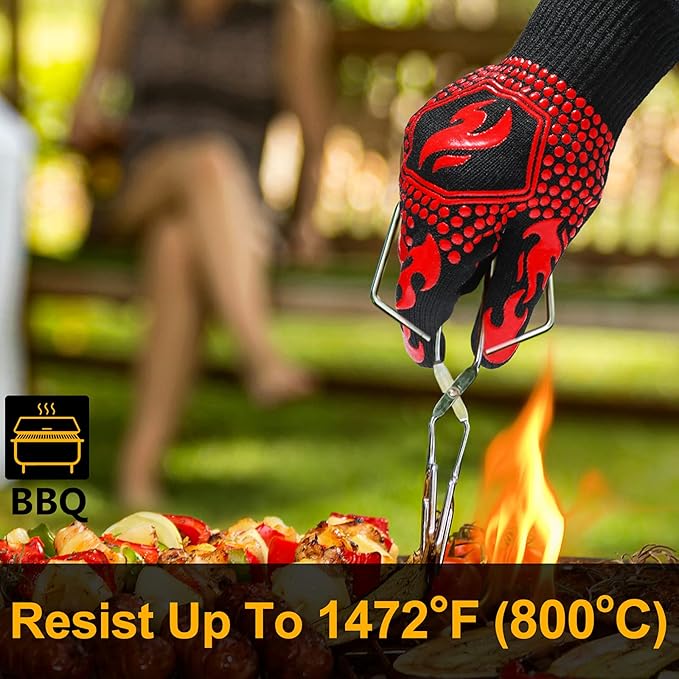 QUWIN BBQ Gloves, Oven Gloves 1472℉ Extreme Heat Resistant, Grilling Gloves Silicone Non-Slip Oven Mitts, Kitchen Gloves for BBQ, Grilling, Cooking, Baking-1 Pair… (One Size(Long Cuff), Red) - Image 2