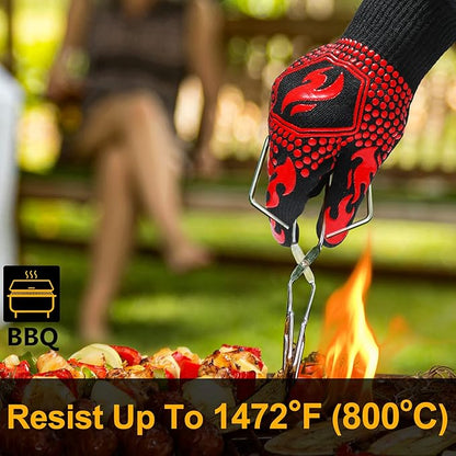 QUWIN BBQ Gloves, Oven Gloves 1472℉ Extreme Heat Resistant, Grilling Gloves Silicone Non-Slip Oven Mitts, Kitchen Gloves for BBQ, Grilling, Cooking, Baking-1 Pair… (One Size(Long Cuff), Red) - Image 2