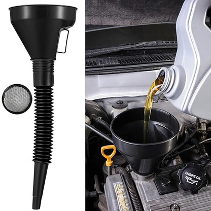 3 Pack Automotive Oil Funnel Set, Wide Mouth Fuel Funnels with Flexible Long Neck, Detachable Spout & Filter for Gas, Water, Coolant, Engine Oil