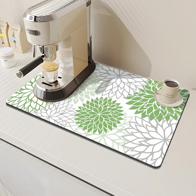 Findosom 2PCS 12" x 20" Dish Drying Mat & 24" x 5.5" Sink Splash Guard, Super Absorbent & Cuttable Dish Mat Drying Kitchen Mat with Green Floral, Hide Stain Drying Mat for Kitchen Counter - Image 6