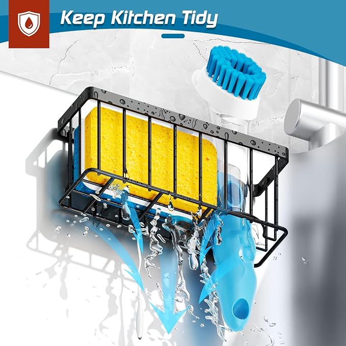 MURLONG Sponge Holder for Kitchen Sink,Sink Caddy Organizer with Suction Cups/Adhesive Strips,Dish Sponge Holder Design for Sponges,Scrubber,Stoppers-Black - Image 4