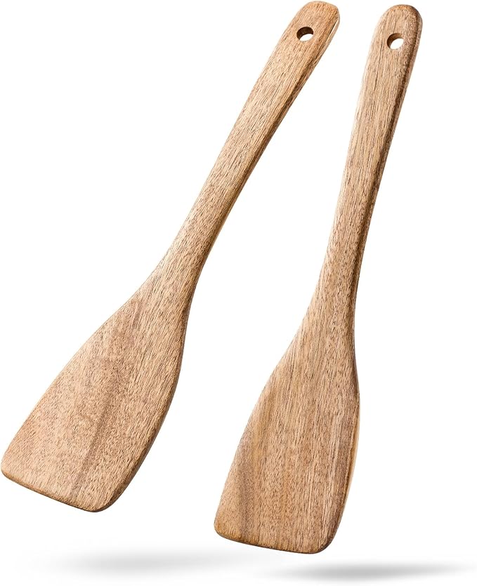2pcs Wooden Spatulas for Cooking, 13inch Coated Acacia Wood Turners for Frying, Non-Scratch Wood Flat Spurtle for Pan & Wok, Wooden Cooking Utensils for Non Stick Cookware, Long Handle Scraper by HEFILD