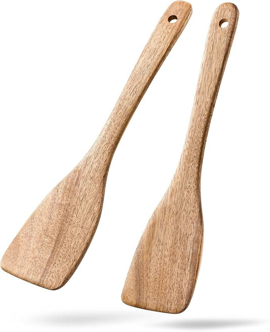 2pcs Wooden Spatulas for Cooking, 13inch Coated Acacia Wood Turners for Frying, Non-Scratch Wood Flat Spurtle for Pan & Wok, Wooden Cooking Utensils for Non Stick Cookware, Long Handle Scraper by HEFILD