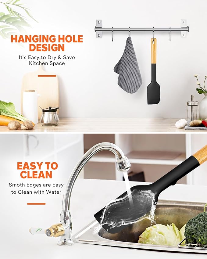 Silicone Heavy-Duty Spatula, Great For Tough Mixing And Stirring, Sturdy Bpa-Free Matte Silicone, Wooden Handle Rubber Scraper For Nonstick Cookwares (BLACK)