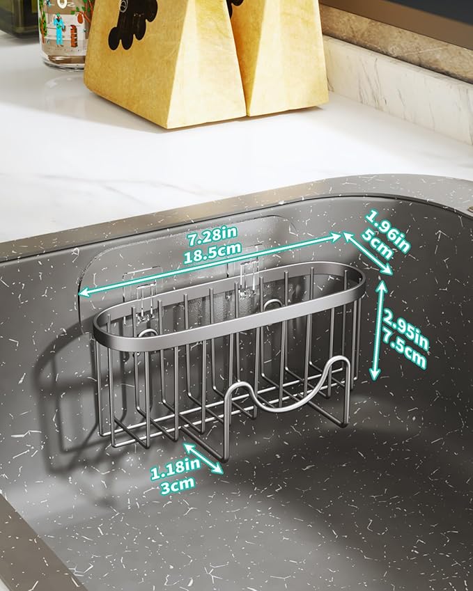 HapiRm Kitchen Sponge Holder for Sink - 2 Installation Methods Kitchen Sink Caddy Organizer with Unique M-Shaped, Rustproof Stainless Steel Sponge Caddy - Brushed Nickel (Large) - Image 5