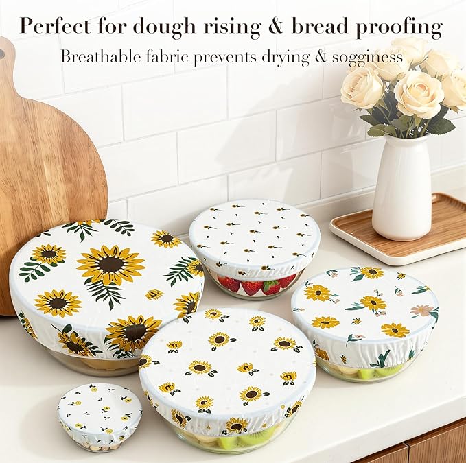 Tirphy 5-Size Reusable Bowl Covers for Bread Proofing - Beeswax Bowl Covers Reusable 4/6/8/10/12 Inch - Elastic Cotton Cloth Sourdough Cover - Shower Caps for Sourdough Bread (Flower style)