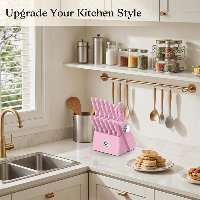 imarku Pink Kitchen Knife Set - 14-Piece Stainless Steel Knife Set with Block and Build-in Sharpener, Gift for Women, Anti-Slip Handle, Dishwasher Safe - Image 2