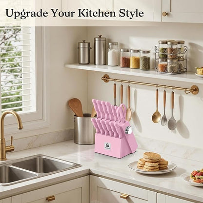 imarku Pink Kitchen Knife Set - 14-Piece Stainless Steel Knife Set with Block and Build-in Sharpener, Gift for Women, Anti-Slip Handle, Dishwasher Safe - Image 2