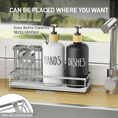 Moforoco Kitchen Dish Soap Dispenser Set, 16OZ Glass Bottle, Hand and Dish Soap Dispenser Set, Instant Dry Tray, Brush Holder with Smiley Face Sponge Holder (Silver Tray+Black&White Bottle) - Image 3