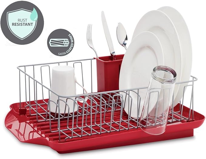 Farberware Classic Large Rust Resistant Full Dishrack with Removable 3 Compartment Flatware Caddy, Andlged Drain Board, 3-Piece, Red - Image 2