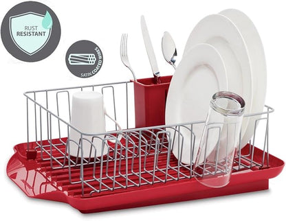 Farberware Classic Large Rust Resistant Full Dishrack with Removable 3 Compartment Flatware Caddy, Andlged Drain Board, 3-Piece, Red - Image 2