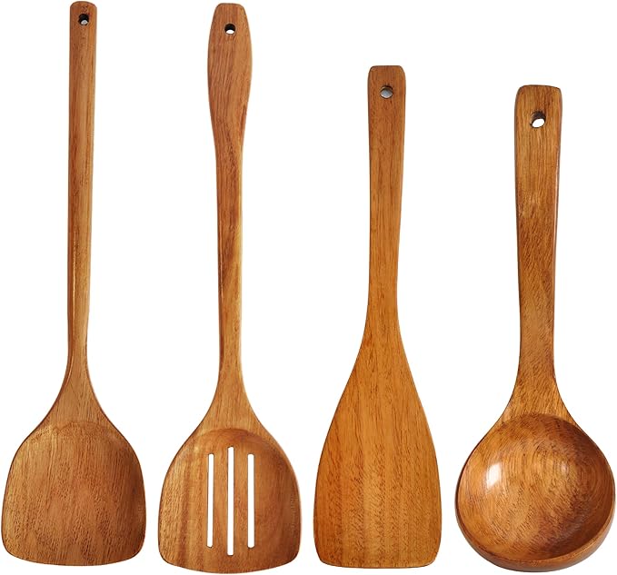 Wooden Spatula,Slotted Turner,Soup Ladle,Long Handle Utensils Set,Handmade for Kitchen Cookware (Wooden Utensil 4 Sets) by HOMEKITCHENTOOL