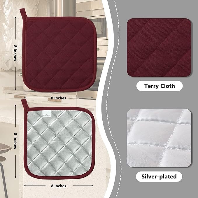 Joyhalo 4 Pack Pot Holders for Kitchen,Cotton Oven Holder with Great Heat Resistance,Non Slip Hot Pads for Kitchen Clearance,Dark Red - Image 2