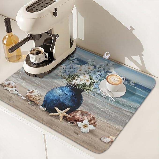 Summer Beach Dish Drying Mat for Kitchen Counter Nautical Coastal Blue Ocean Vase Floral Seashells Microfiber Dish Drainer Mat Absorbent Washable Drying Pad 16"x18"