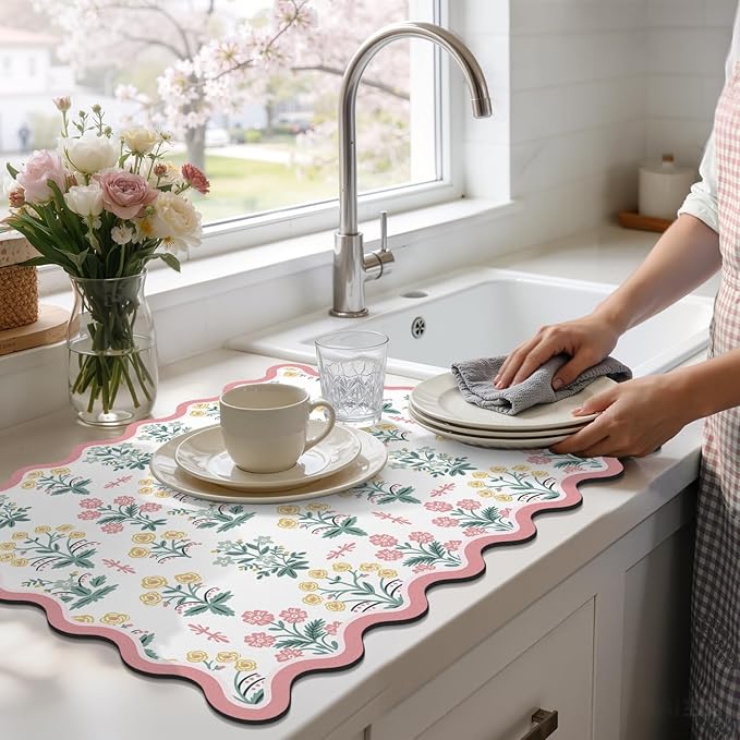 LOKHOM Scalloped Floral Dish Drying Mat, 18"x24" Super Absorbent Coffee Mat with Unique Pink Pastoral Floral, Cuttable Hide Stain Non-slip Drying Mat for Kitchen Counter Coffee Maker Espresso Machine - Image 8
